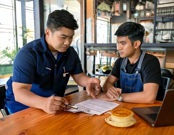 A food distributor rep and a restaurant owner reviewing a pricing sheet at a cafe table