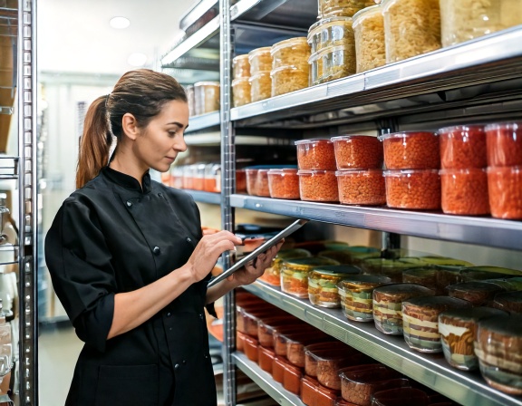 A kitchen manager checking stock levels on a tablet in an organized dry storage room